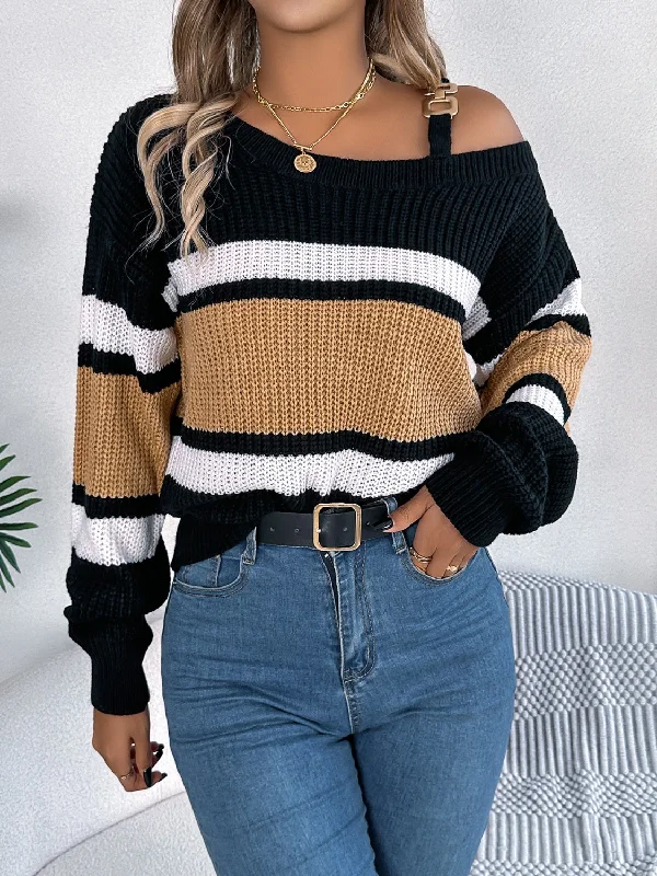 Branded Knit TopsColor Block Asymmetrical Neck Long Sleeve Sweater