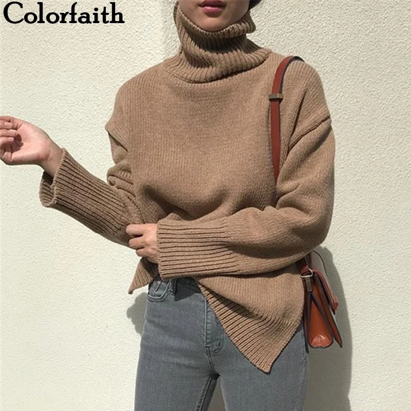 Sheer Knit TopsColorfaith Women's Sweaters Autumn Winter 2019 Pullover Knitting Turtleneck Minimalist Solid Long Sleeve Loose Tops SW7400