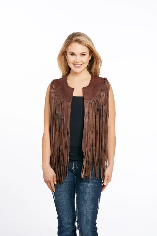 Hunting Knit TopsCripple Creek Womens Antique Brown Leather Lamb Fringe Vest