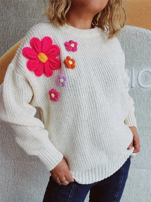 Statement Knit TopsCrochet Flower Round Neck Dropped Shoulder Sweater