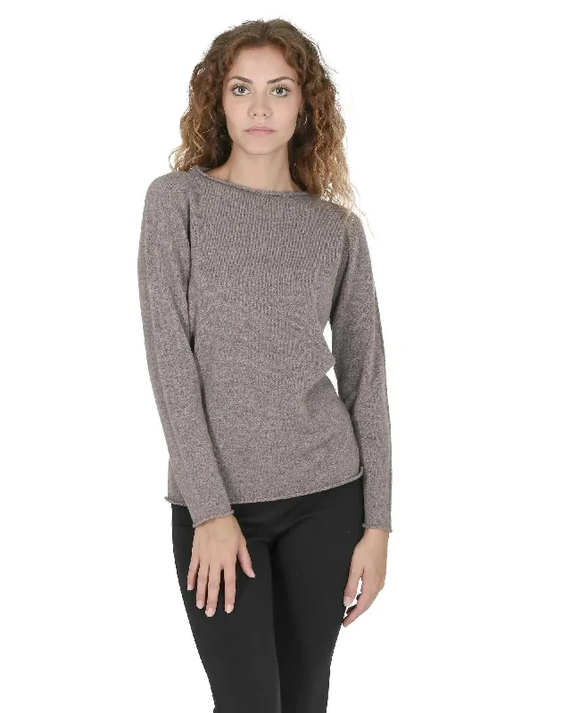 Studded Knit TopsCrown of Edinburgh Cashmere Women's Cashmere Boatneck Sweater in Taupe - S