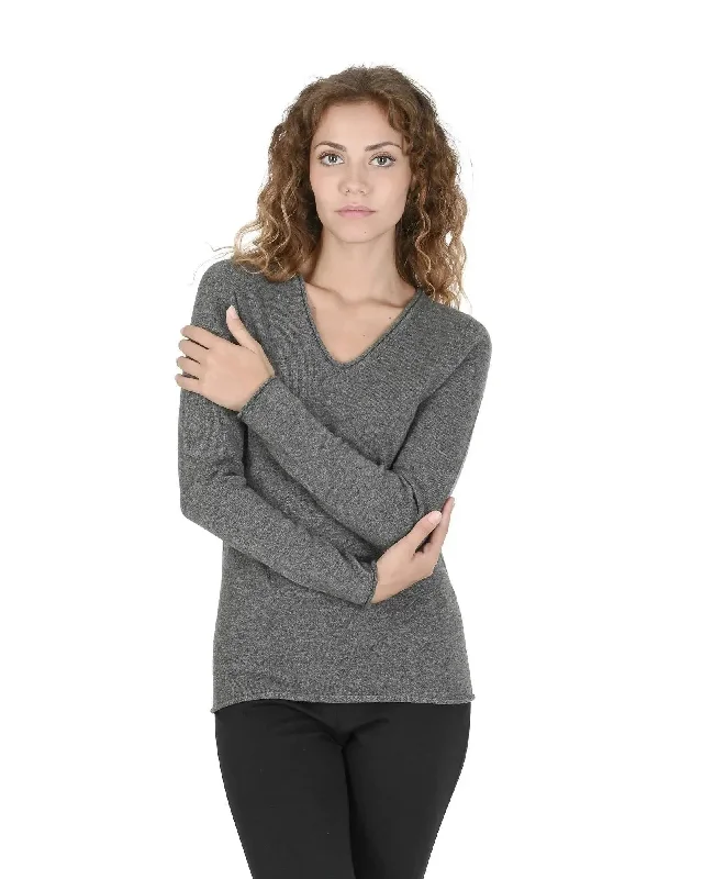 Linen Knit TopsCrown of Edinburgh Cashmere Women's Cashmere V-Neck Sweater for Women in Grey - 46 EU