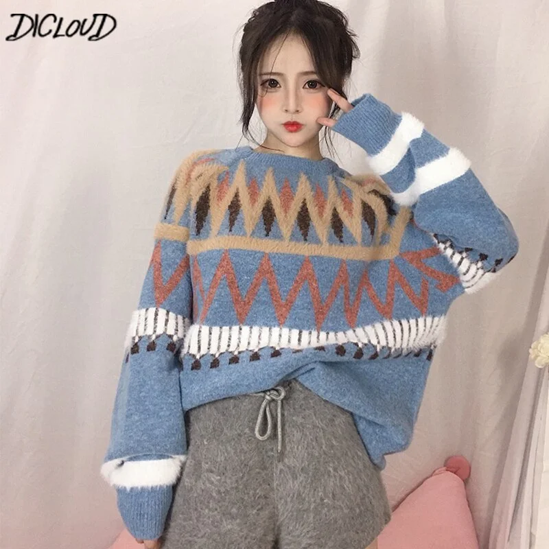 Linen Knit TopsDICLOUD Korean Loose Sweaters Women Winter Long Sleeve Pullovers Ladies O-Neck Tops Woman Harajuku Thick Woolen Clothes Female