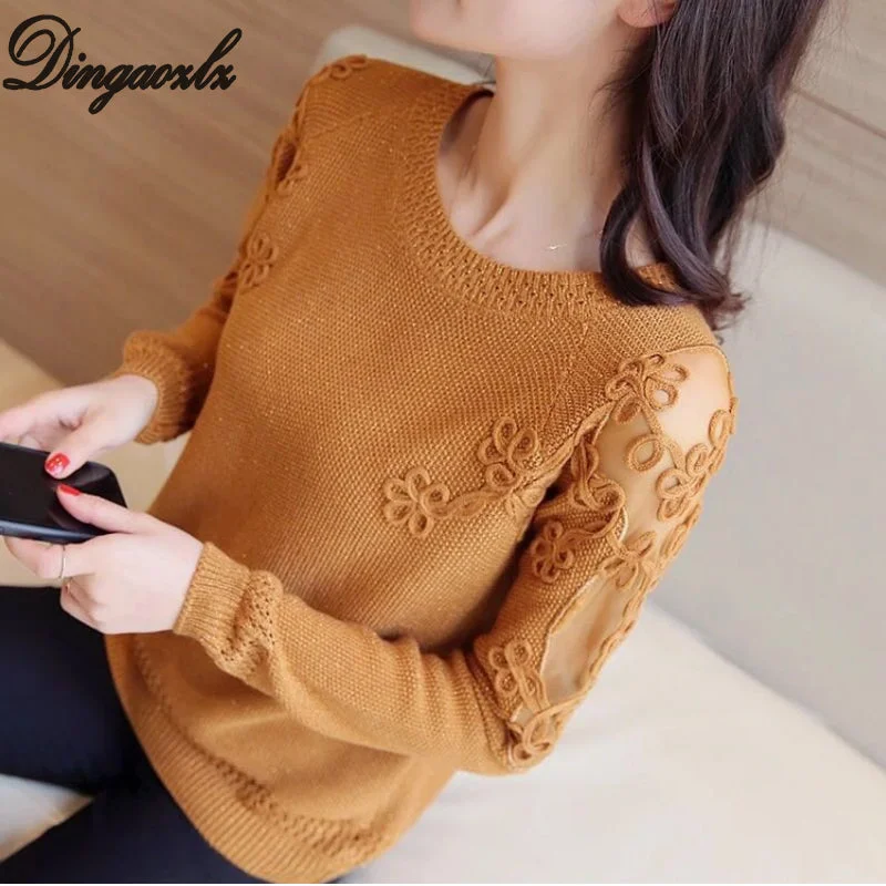 Wool Knit TopsDingaozlz Women Pullovers 2019 Sexy Lace Pullover Sweaters Fashion Patchwork Embroidery Collar Knitted Tops Pull Femme