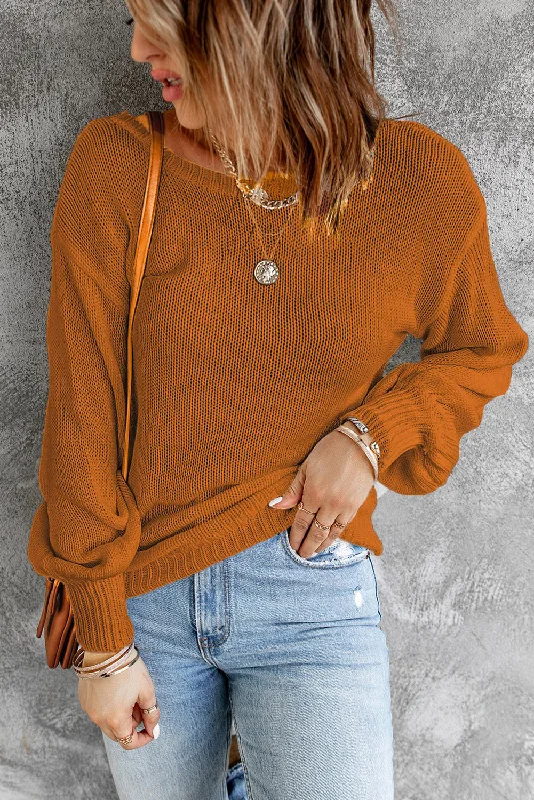 Urban Knit TopsDouble Take Tied Balloon Sleeve Round Neck Sweater