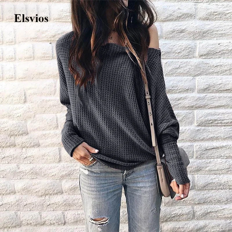 Sports Team Knit TopsElsvios Women Sexy Off Shoulder Knitted Sweater Elegant Batwing Long Sleeve Pullovers Autumn Solid Slash Neck Sweaters Tops