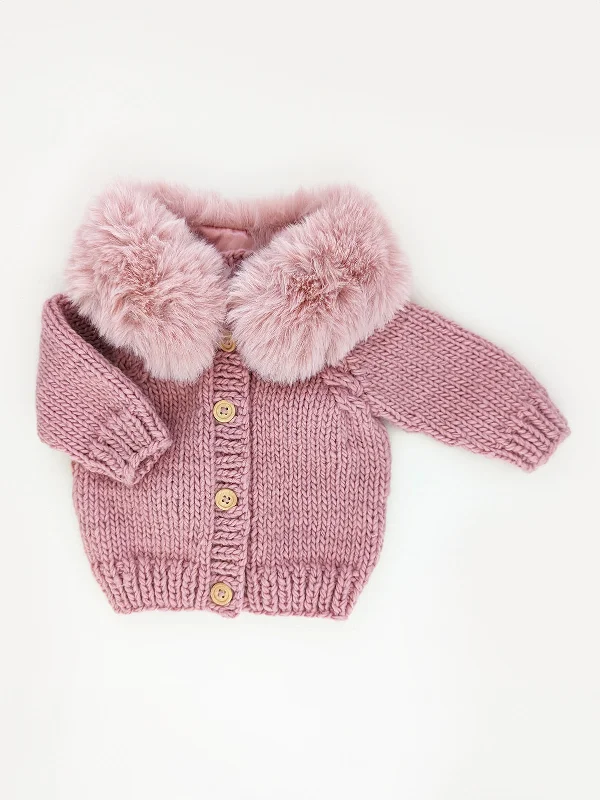 Hunting Knit TopsFur Collar Cardigan Knit Sweater, Rosy