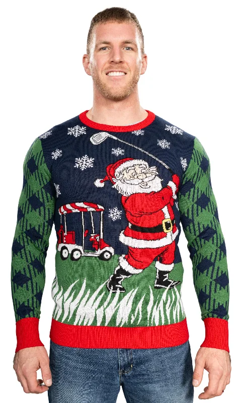 Running Knit TopsGolfing Santa Claus Playing Golf Snowflakes Knitted Ugly Christmas Sweater