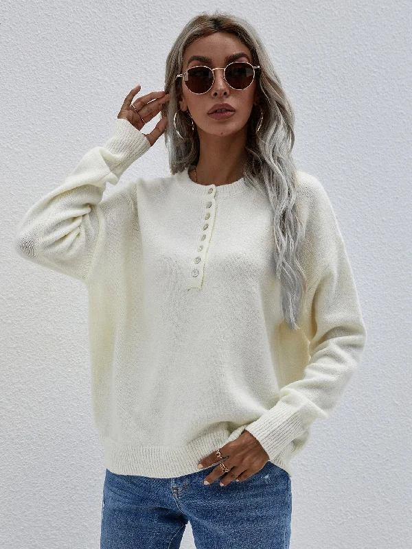 Lace Knit TopsHalf Button Long Sleeve Henley Sweater