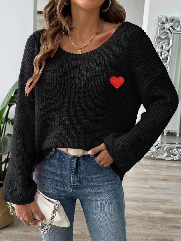 Punk Knit TopsHeart Boat Neck Dropped Shoulder Sweater