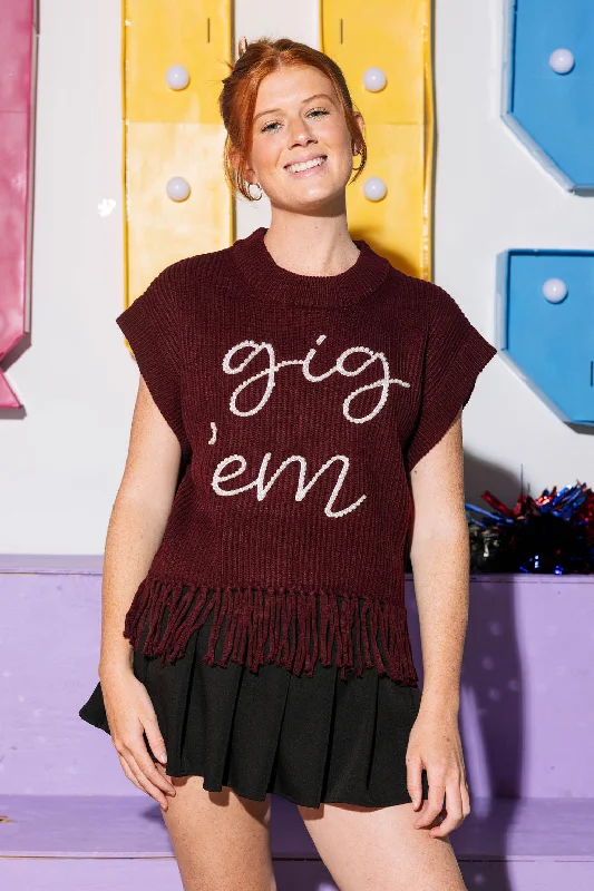 Thermal Knit TopsLicensed- Maroon 'Gig Em' Fringe Sweater Vest