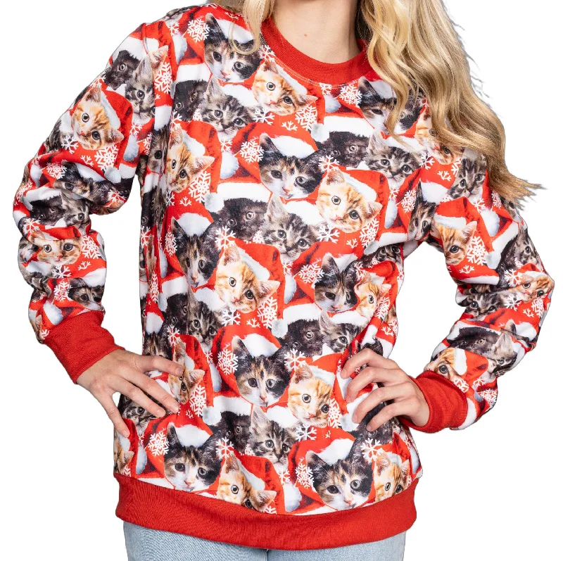 Layered Knit TopsPoly Knit Long Sleeve Pullover with Cats All Over Graphic