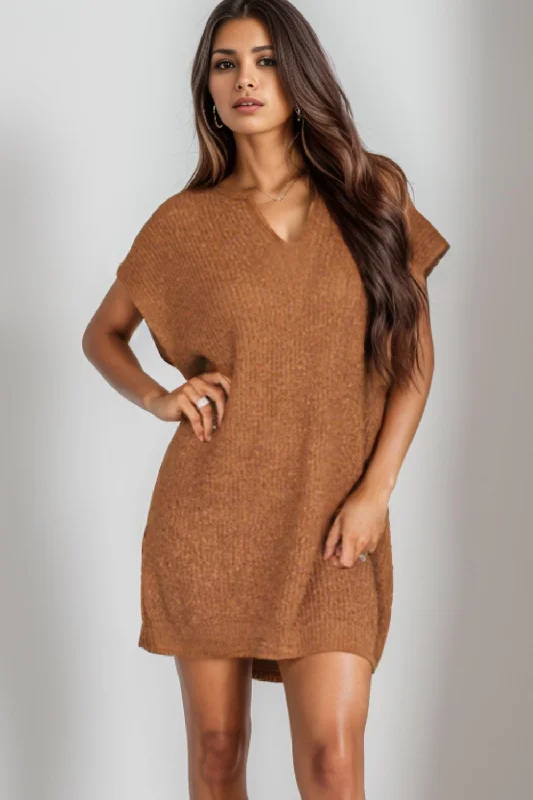 Oversized Knit TopsNotched Cap Sleeve Mini Sweater Dress