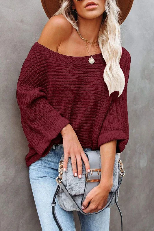 Ruffled Knit TopsOff Shoulder Long Sleeves Oversized Sweater