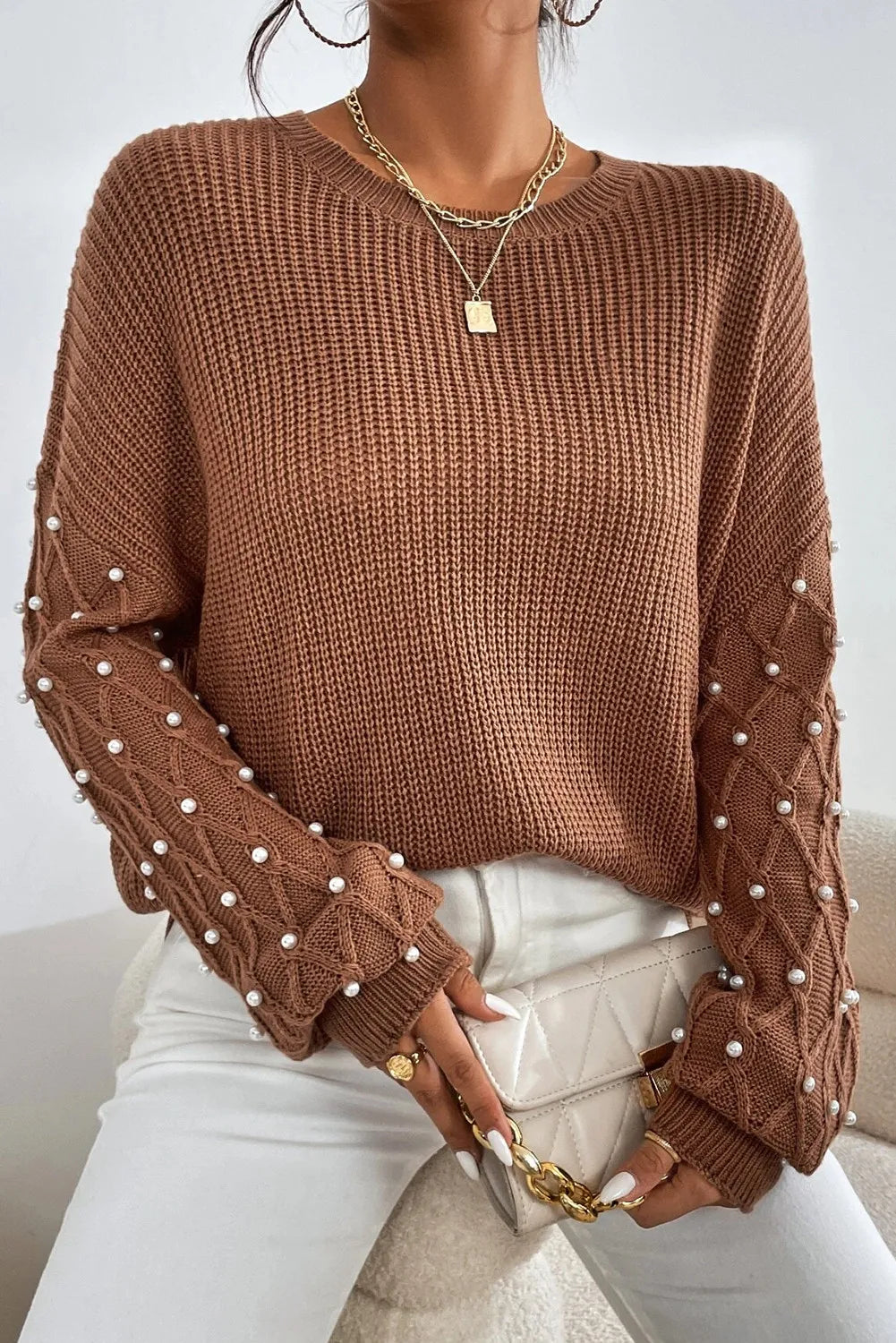 Lace Knit TopsPearl Detail Round Neck Long Sleeve Sweater