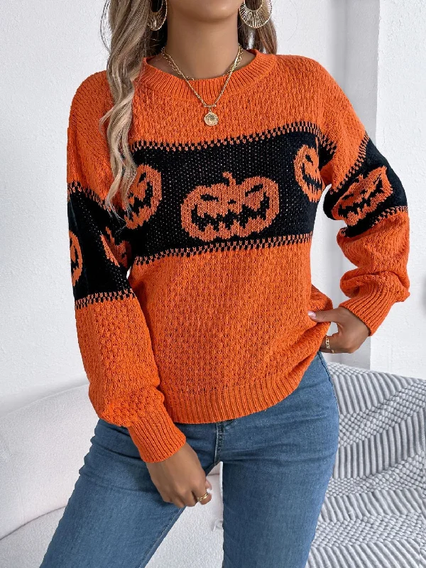 French Terry Knit TopsPumpkin Round Neck Long Sleeve Sweater