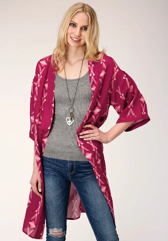 Streetwear Knit TopsRoper Womens Wine Rayon/Nylon Aztec Print Kimono Cardigan