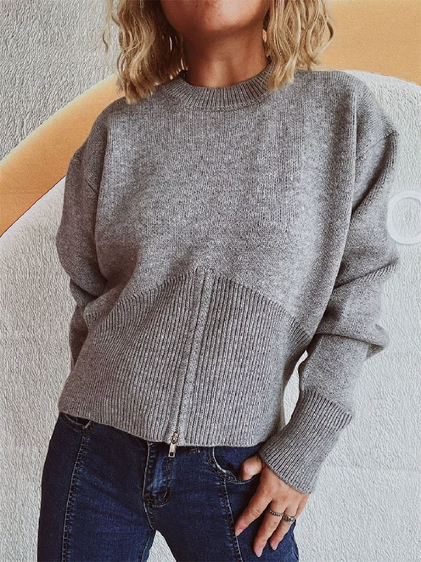 Oversized Knit TopsRound Neck Half Zip Long Sleeve Sweater