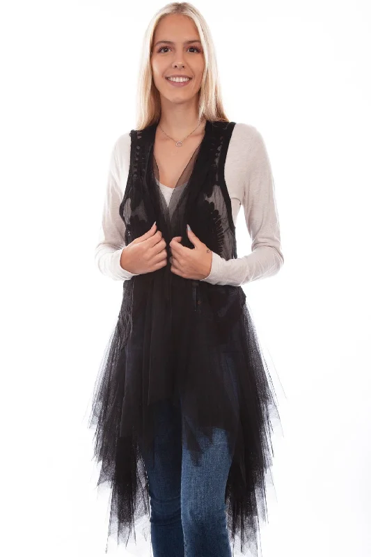 V-Neck Knit TopsScully Womens Black Cotton Blend Tulle Layered Duster