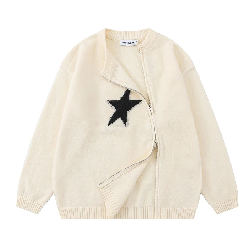 Cultural Knit TopsSolid Color Star Zipper  Pullover Sweater