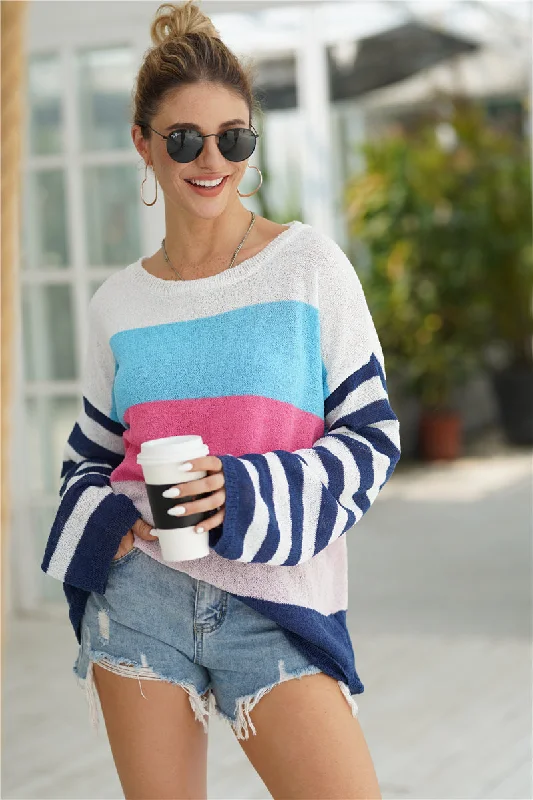 Oversized Knit TopsStriped Ribbed Trim Bell Sleeve Sweater