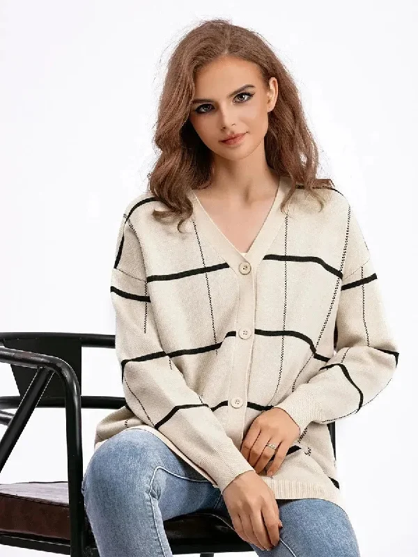 Angora Knit TopsWomen Grid Fashion Knitted V Neck Cardigan