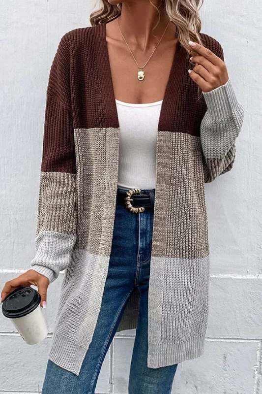 Beaded Knit TopsWoven Right Color Block Open Front Rib-Knit Longline Cardigan