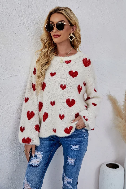 French Terry Knit TopsWoven Right Heart Print Fuzzy Crewneck Long Sleeve Sweater