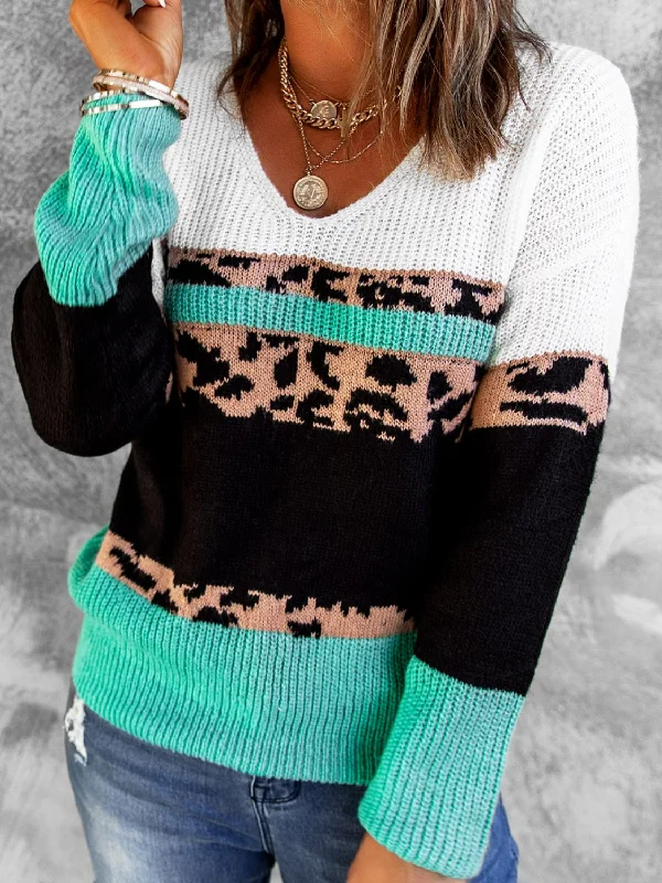 Summer Knit TopsWoven Right Leopard Color Block V-Neck Rib-Knit Sweater