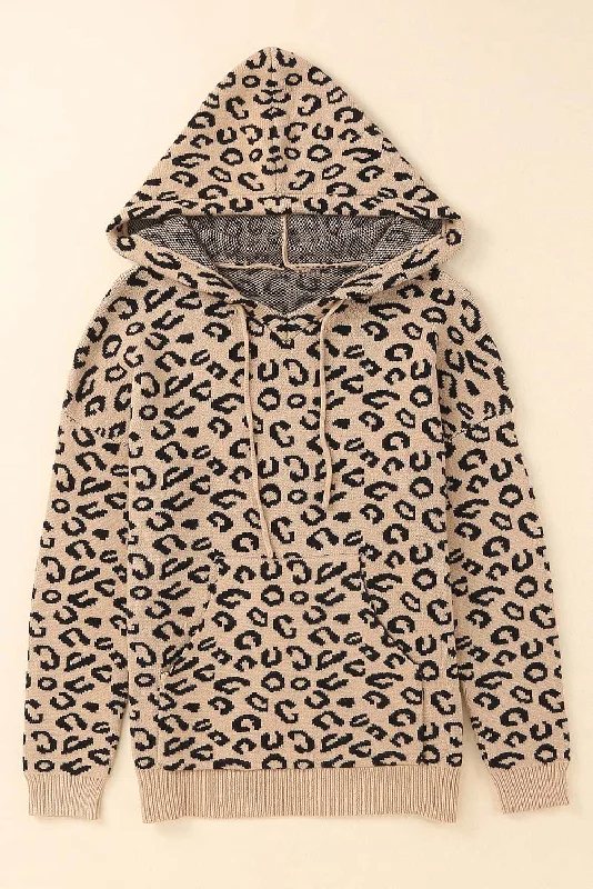 Fleece Knit TopsWoven Right Leopard Print Drawstring Hooded Sweater