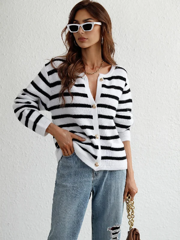 Logo Knit TopsWoven Right Striped Button Front Cardigan