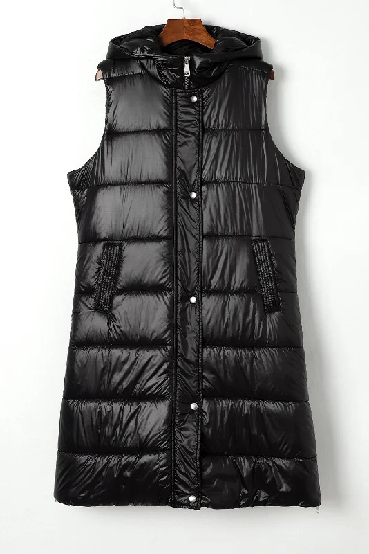 Leather-Paneled JacketsBlack Hooded Long Quilted Vest Coat