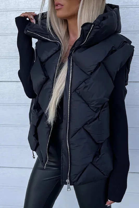 Casual JacketsBlack Quilted Zipper Front Hooded Vest Coat