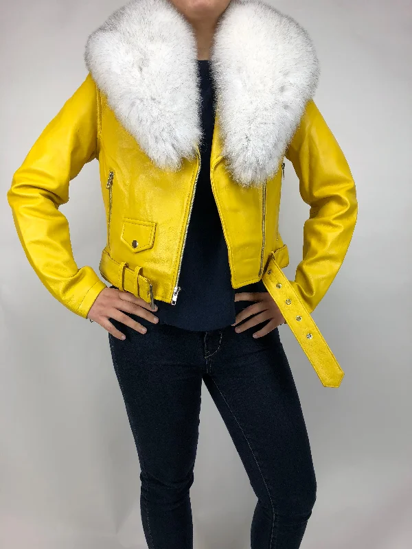 Ribbed Cuff JacketsWomen's Classic Biker Yellow With Fox Collar [ SLIM FIT ]