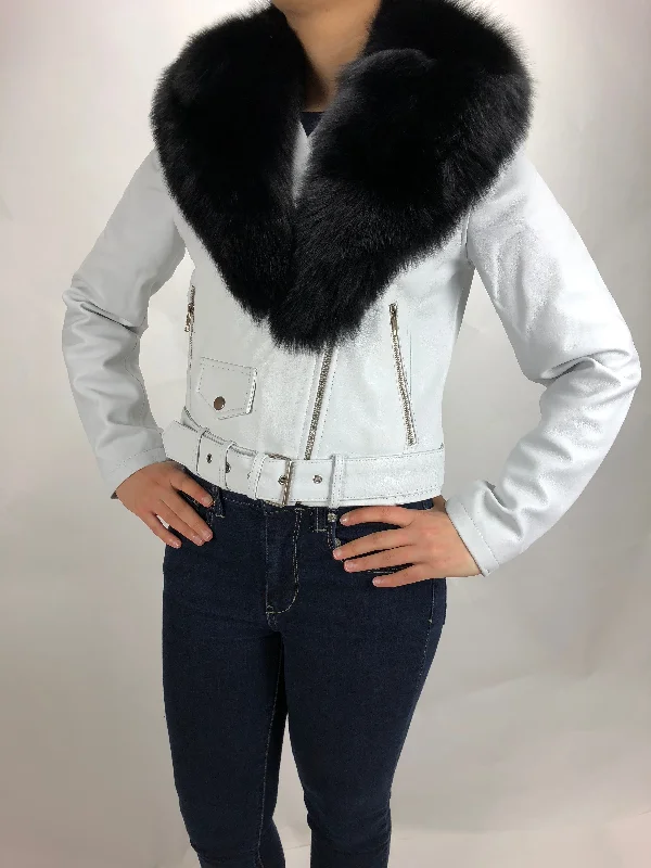 Sherpa JacketsWomen's Classic Biker White With Fox Collar [ SLIM FIT ]