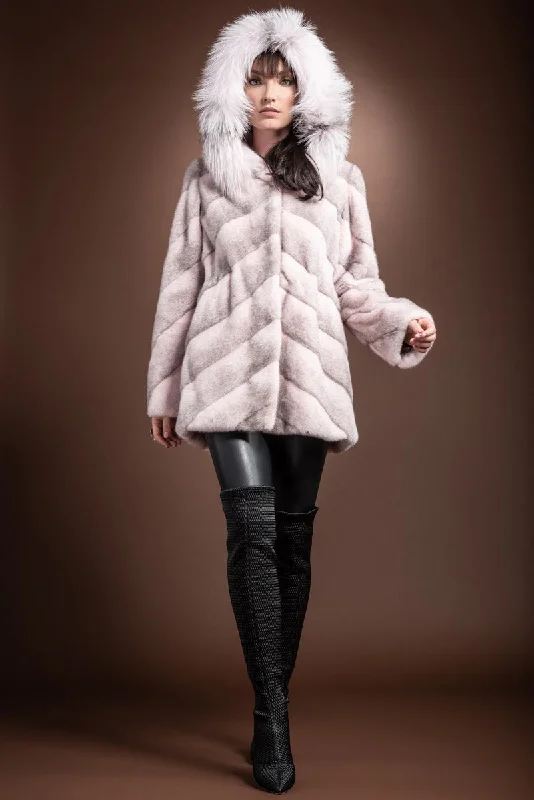 BlazersHooded Diagonal Light Pink Cross Mink and Fox Fur Jacket