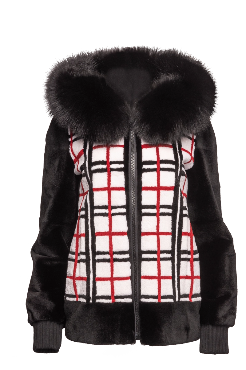 Painted JacketsReversible Plaid & Black Sheared Mink Fur Jacket - Fox Trimmed Hood