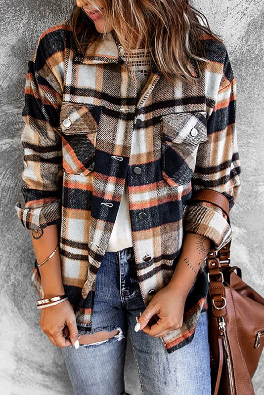 Bomber JacketsGeometric Plaid Print Pocketed Shacket