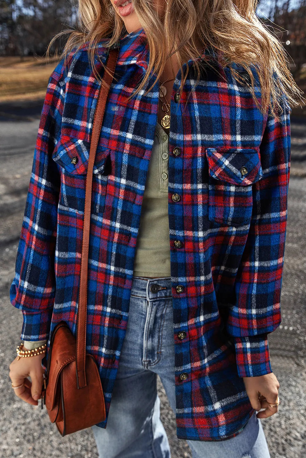 WindbreakersPocketed Plaid Collared Neck Long Sleeve Shacket