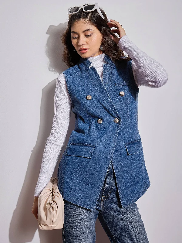 Studded JacketsWomen Blue Denim Flap Pocket Sleeveless Jacket