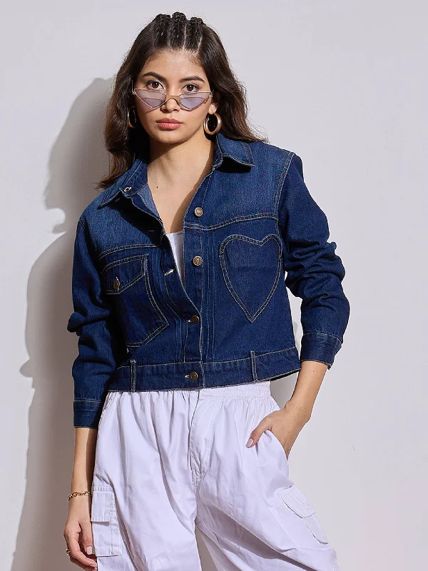 Punk JacketsWomen Blue Denim Heart Pockets Crop Jacket