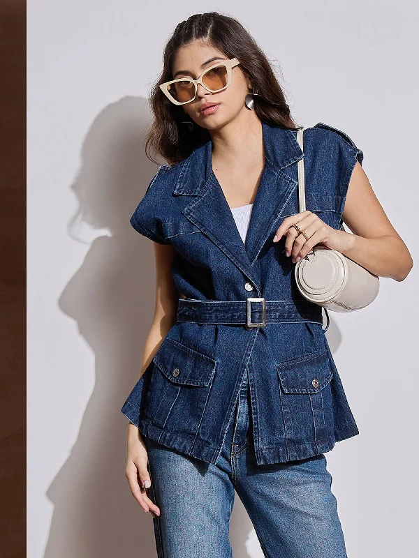 Winter JacketsWomen Blue Washed Pocket Detail Sleeveless Belted Jacket