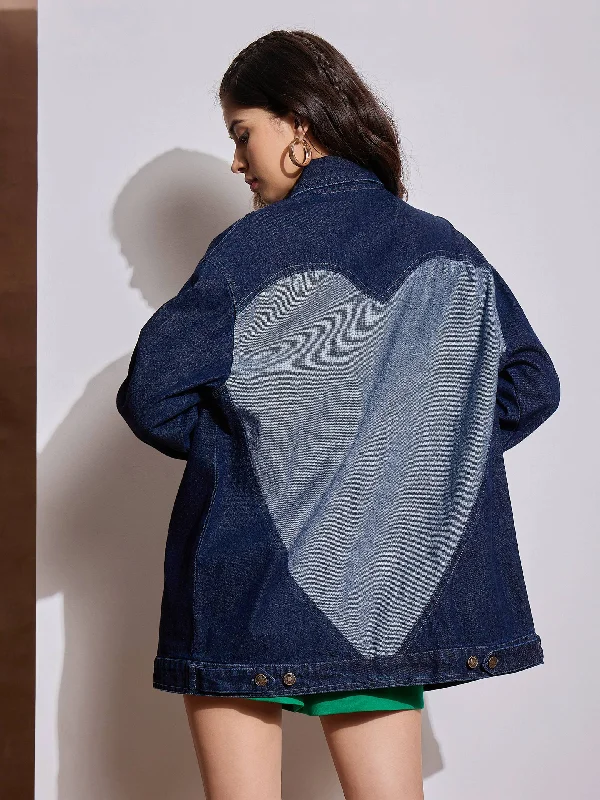 Suede JacketsWomen Navy Blue Denim Back Heart Patch Shacket