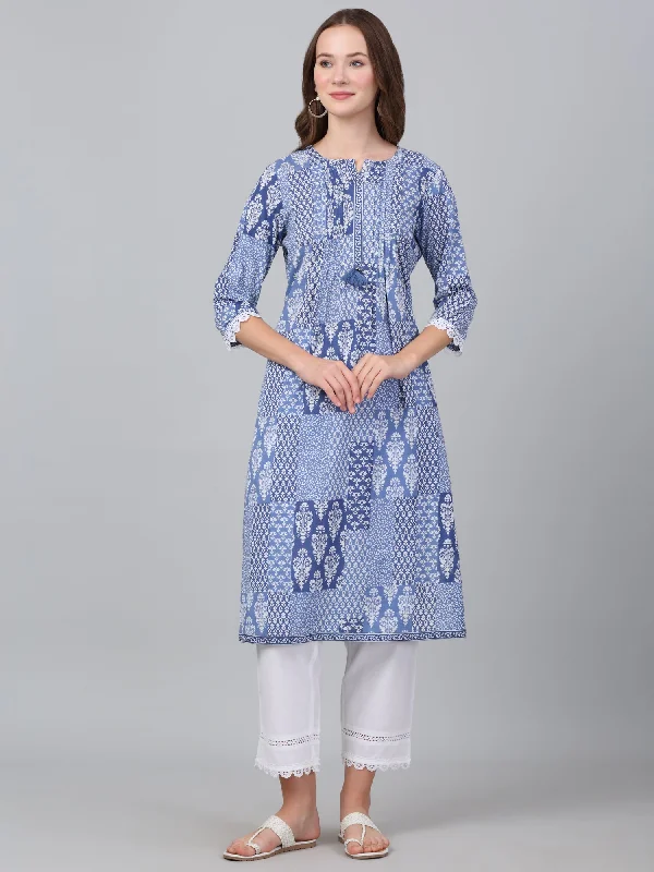 Suede JacketsWomen's Blue Floral Print Casual Kurta Plazzo Set