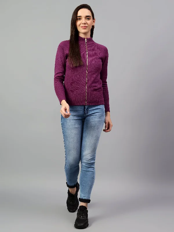 Winter JacketsWomen's Solid Purple Full Sleeve Casual Sweater