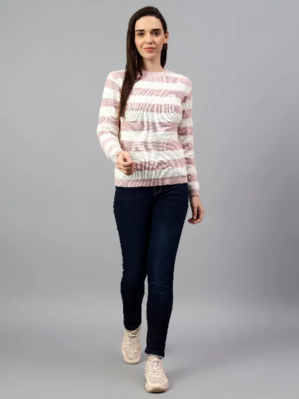 Lace-Up JacketsWomen's Striped Pink Full Sleeve Casual Sweater