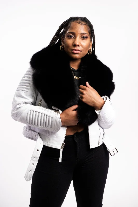 Limited Edition JacketsWomen's Trey Biker White Oversized Fox Collar [Black Fox Fur]