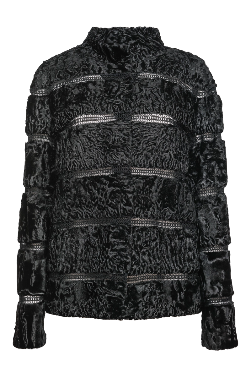 Sheer JacketsBlack Reversible Horizontal Swakara Fur Jacket - Netting Detail