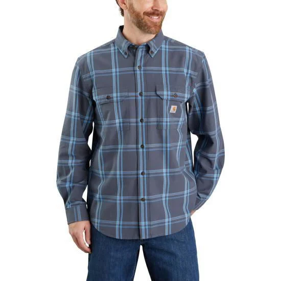 Running Shirts105433 - Loose Fit Midweight Chambray Long-Sleeve Plaid Shirt - Bluestone