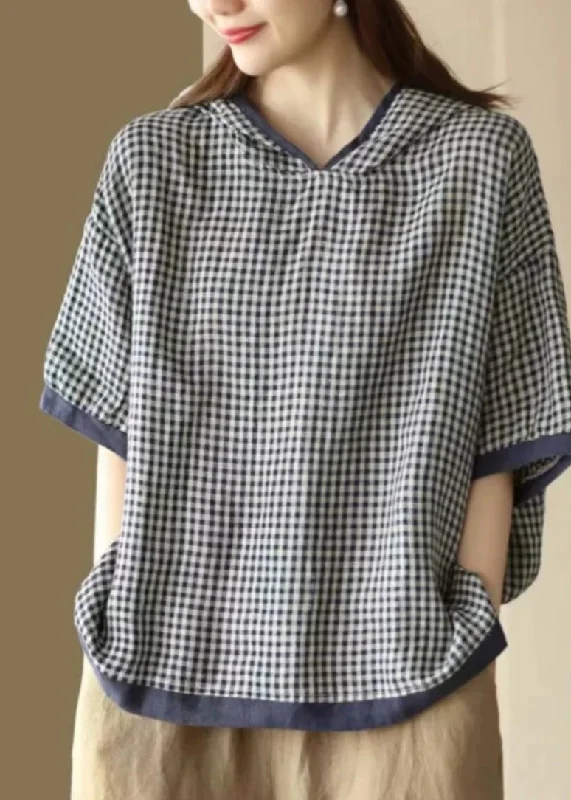 Linen ShirtsArt Dark Blue O-Neck Plaid Hooded T Shirt Summer